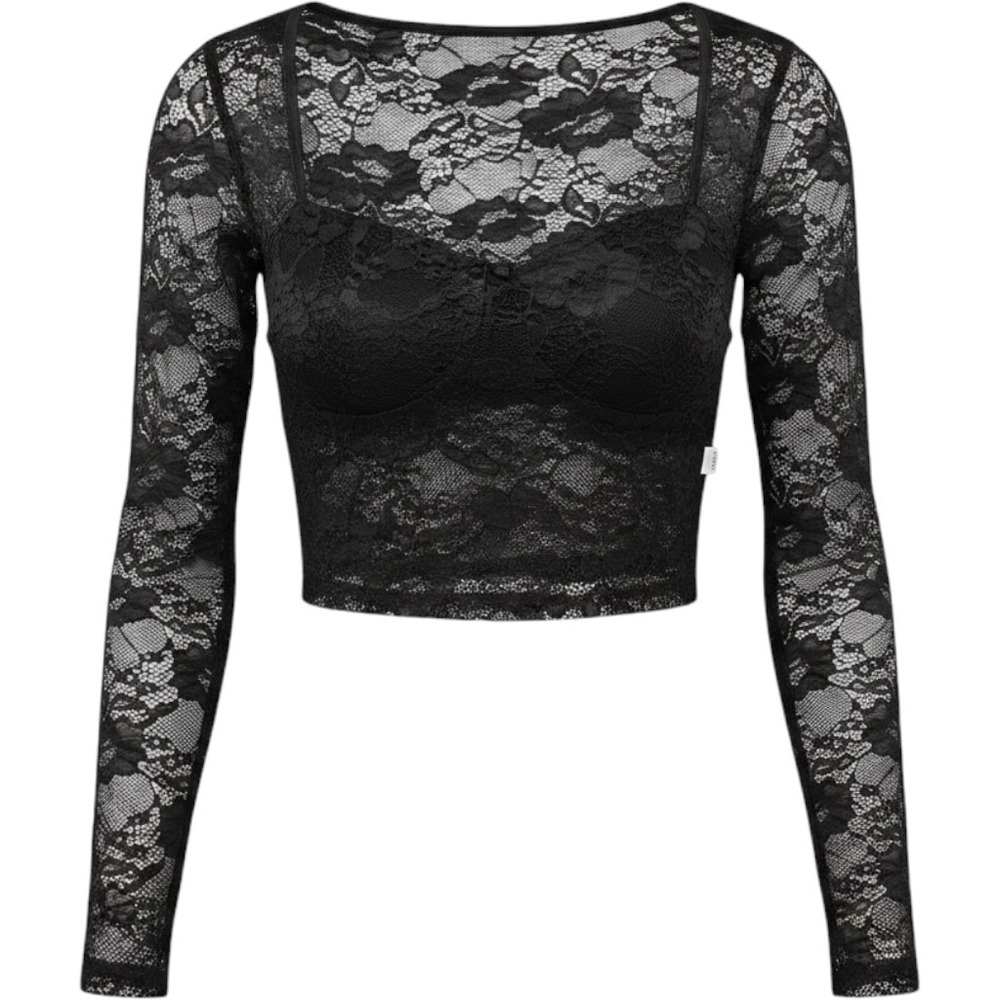 Black Floral Lace Long Sleeve Crop Top Sweetheart Neck Small